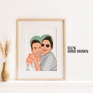 May include: A framed illustration of a smiling couple embracing, set against a green heart backdrop. The artwork is in a cartoon style, with the text "100% HAND DRAWN" in black. The frame is light brown.