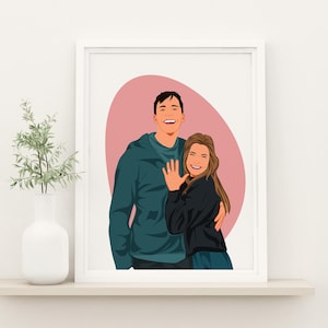 Cartoon Couple Illustration, Engagement Gift for Her, Faceless Portrait, Personalized Gift For Girlfriend, Gift for Woman, Portrait Drawing
