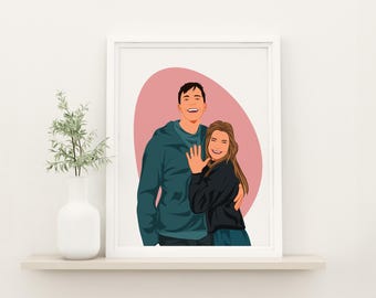 Könnte beinhalten: Eine digitale Illustration eines Paares, ein Mann und eine Frau, die lächeln und sich umarmen. Der Mann trägt ein blaugrünes Sweatshirt und die Frau eine schwarze Jacke. Der Hintergrund ist ein hellrosa Kreis.
