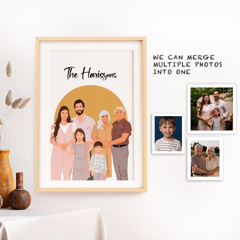 May include: A framed family portrait with a yellow background and the text "The Harissons". The illustration features a family of seven in neutral tones. Additional photos are displayed on the right, with the text "WE CAN MERGE MULTIPLE PHOTOS INTO ONE".