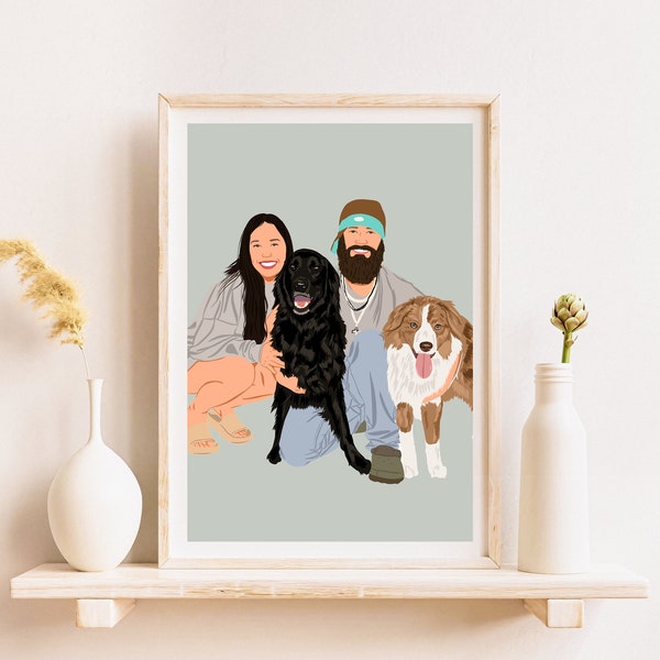 Portrait de famille personnalisé avec animal de compagnie, illustration de portrait de chien, portrait d'animal de compagnie de dessin animé, portrait d'animal de compagnie à partir d'une photo, cadeau de dernière minute