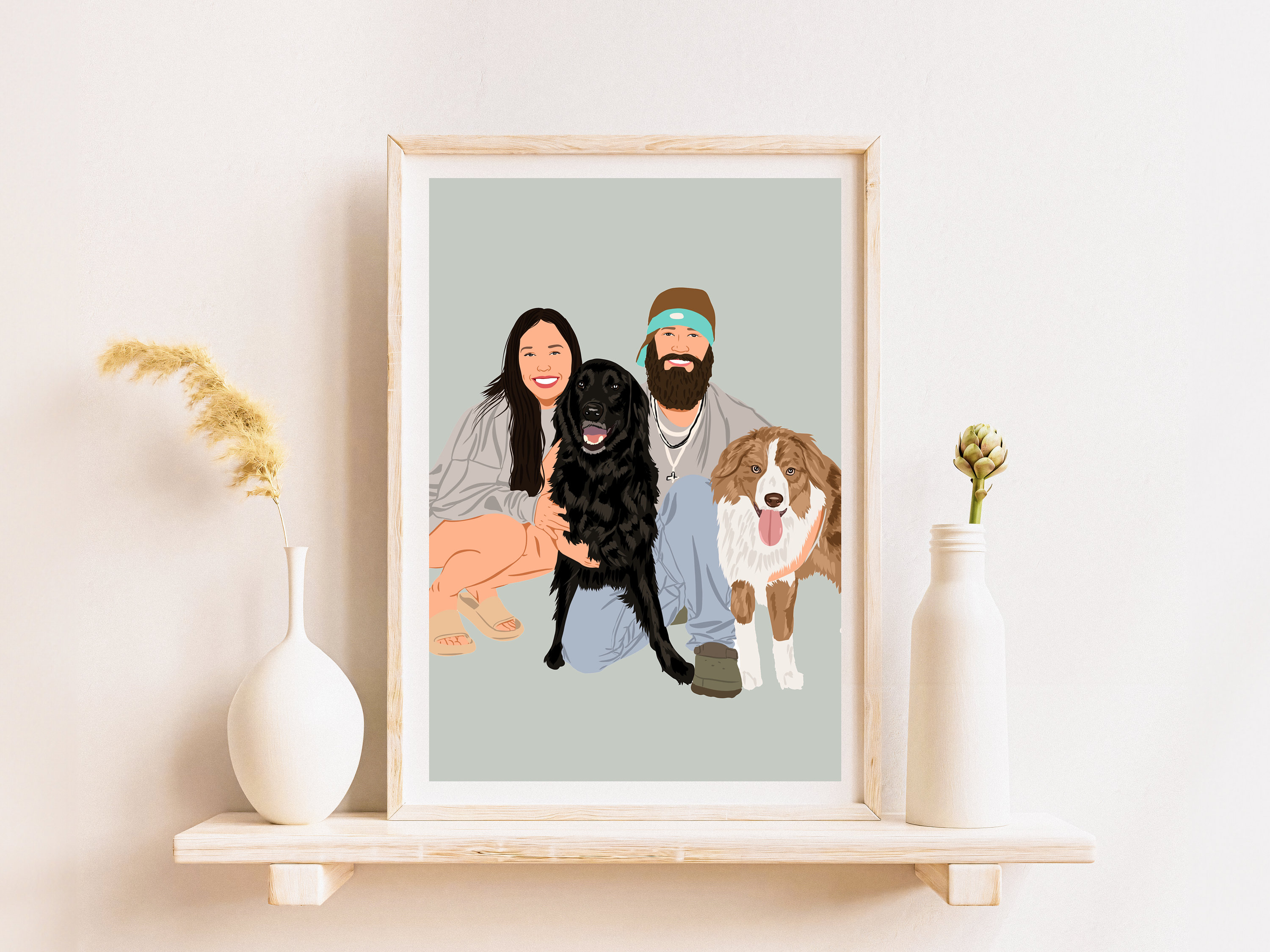 Family Portrait Illustration With Pets, Cute Custom Cartoon