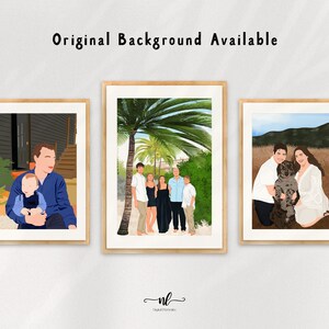 May include: Three framed illustrations of families. The first illustration shows a father and son sitting on a porch. The second illustration shows a family of five standing in front of a palm tree. The third illustration shows a couple with a dog in a field.