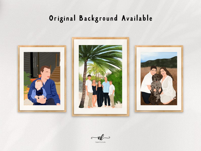 May include: Three framed illustrations of families. The first illustration shows a father and son sitting on a porch. The second illustration shows a family of five standing in front of a palm tree. The third illustration shows a couple with a dog in a field.