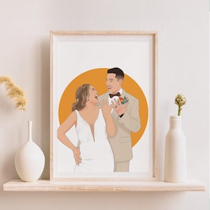 May include: A framed illustration of a couple, likely a wedding portrait. The woman wears a white dress, and the man is in a tan suit with a bow tie. An orange circle is behind them. The artwork is displayed on a shelf with decorative vases.