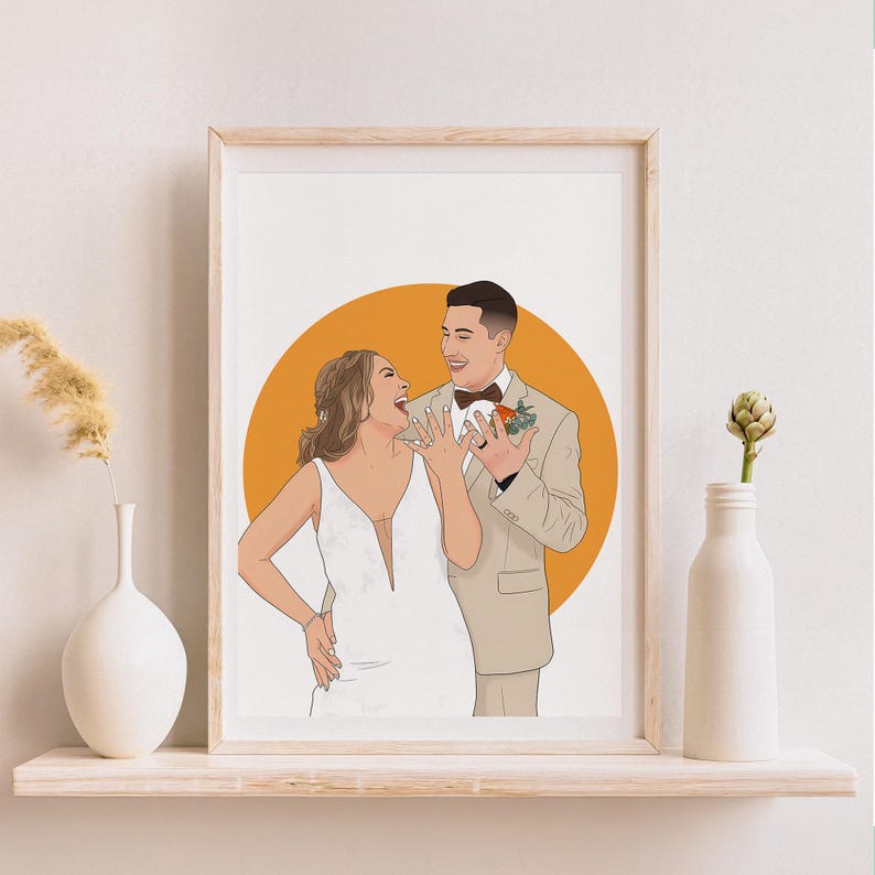 May include: A framed illustration of a couple, likely a wedding portrait. The woman wears a white dress, and the man is in a tan suit with a bow tie. An orange circle is behind them. The artwork is displayed on a shelf with decorative vases.