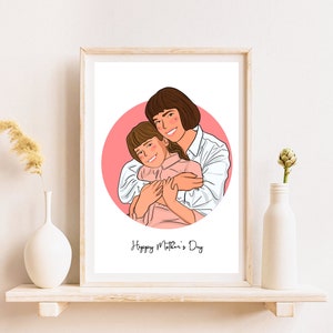 Portrait de dessin animé à partir d'une photo, cadeau fille-mère, portrait de famille sans visage, illustration personnalisée, cadeau d'anniversaire de maman, cadeau de fête des mères