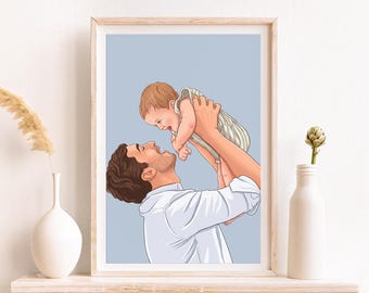 Custom Family Portrait Illustration, First Fathers Day Gift, New Dad Gift