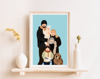 Personalized Family Portrait, Custom Illustration With Pet, Cartoon Portrait, Portrait From Photo, Custom Dog Portrait, Last Minute Gift
