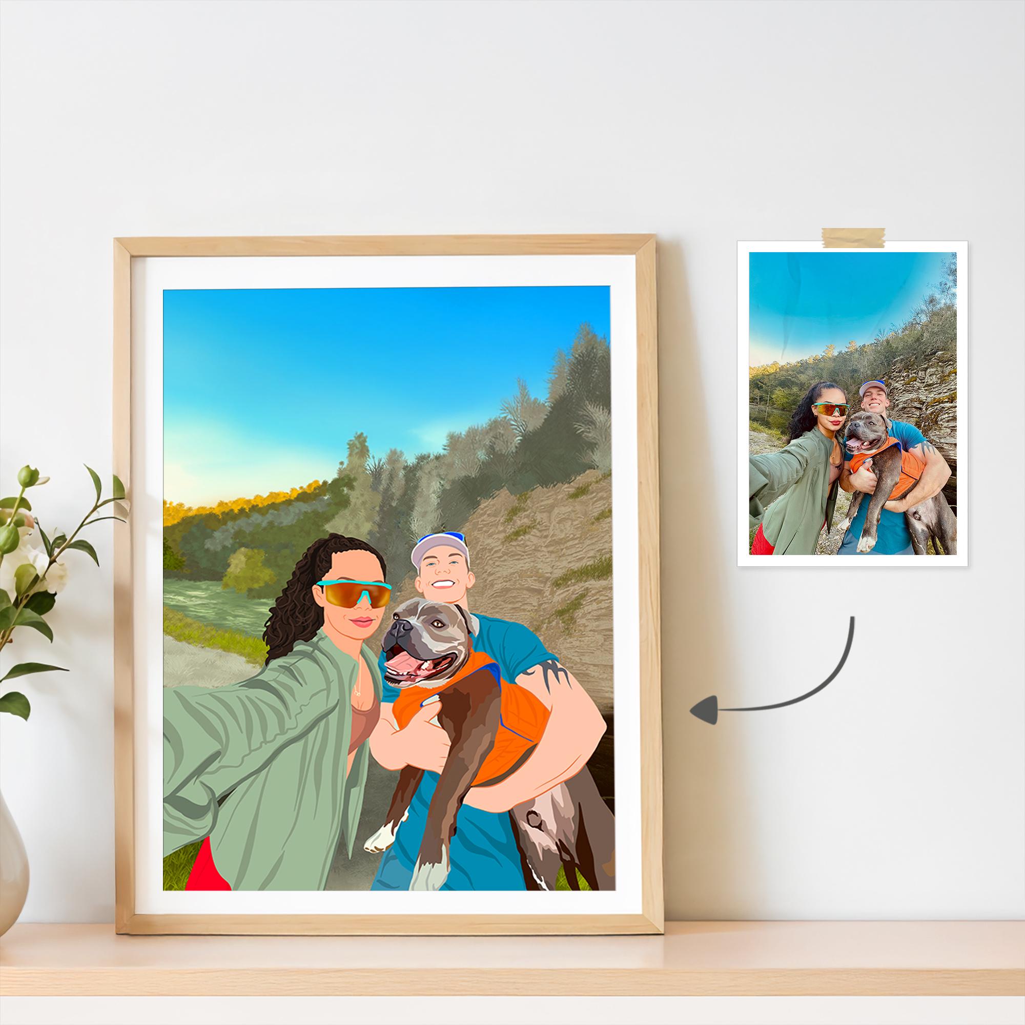 Family Portrait Illustration With Pets, Cute Custom Cartoon