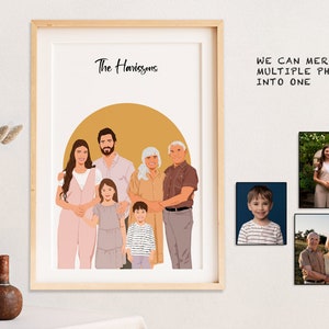 May include: A framed illustration of a family portrait with seven people, including two children, with the text "The Harrisons" at the top. The family is standing in front of a yellow circle.