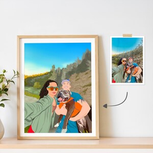 May include: A digital illustration of a couple and their dog. The couple is wearing sunglasses and smiling. The dog is a brown and white brindle with a blue and orange life vest. The background is a blue sky with green trees.