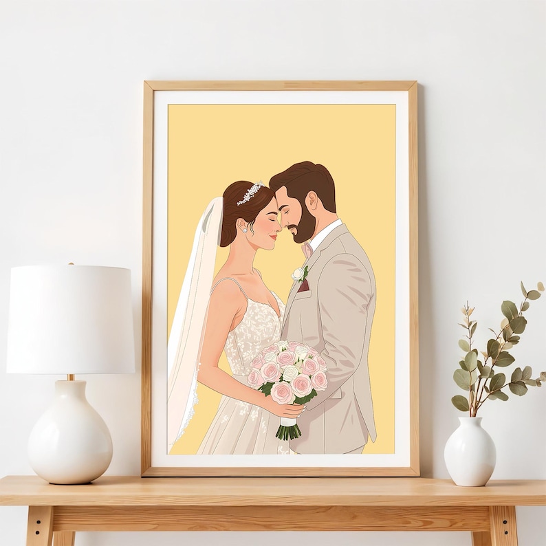 May include: A framed illustration of a couple on their wedding day. The bride wears a white gown and veil, holding a bouquet of pink and white roses. The groom is in a light gray suit. The background is a solid yellow.