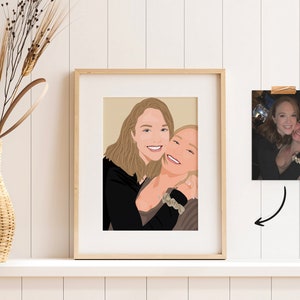 May include: A framed illustration of two women smiling and hugging. The illustration is in a simple style with brown hair and black and brown clothing.