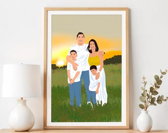 Framed Custom Family Portrait: Personalized Photo Illustration Home Decor Gift