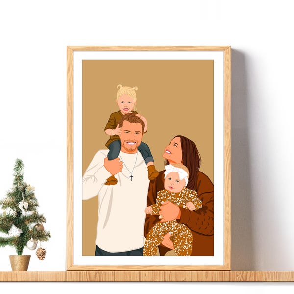 Custom Family Portrait, Cartoon Illustration, Gift for Christmas, Drawing from Photo, Digital Print