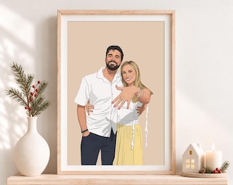 May include: A digital illustration in a wooden frame depicting a smiling couple. The person on the left wears a white button-down shirt and dark pants. The person on the right wears a white top and yellow skirt, showing a ring on their hand.