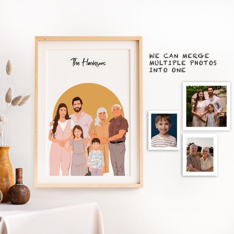May include: A digital illustration of a family portrait with a yellow background. The family is standing in a circle with the text "The Harrisons" at the top of the image.