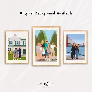 May include: Three framed illustrations of different family portraits with various backgrounds. The first image shows a family of eight standing in front of a house. The second image shows a family of eight standing in front of a green field. The third image shows a family of two standing in front of the Golden Gate Bridge.