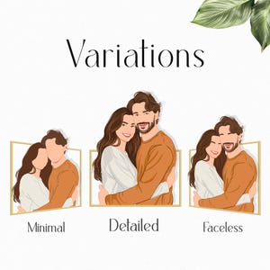 May include: Illustration showcasing three variations of a couple's portrait: minimal, detailed, and faceless. The detailed version features a smiling couple embracing, while the minimal and faceless versions offer simplified representations. The word "Variations" is at the top.