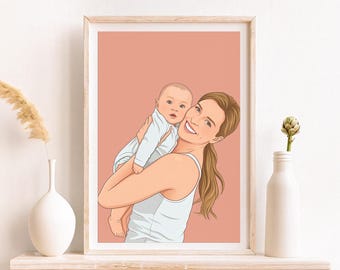 First Mother's Day Line Art Portrait from Photo, Custom New Mom Gift