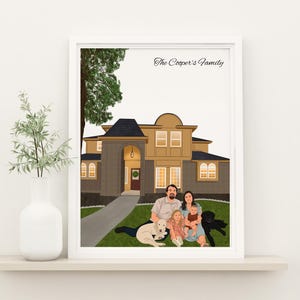 Family with House Portrait, House Illustration, Personalized Gift for Family, Custom Drawing from Photo, Housewarming Gift, Family with Pet