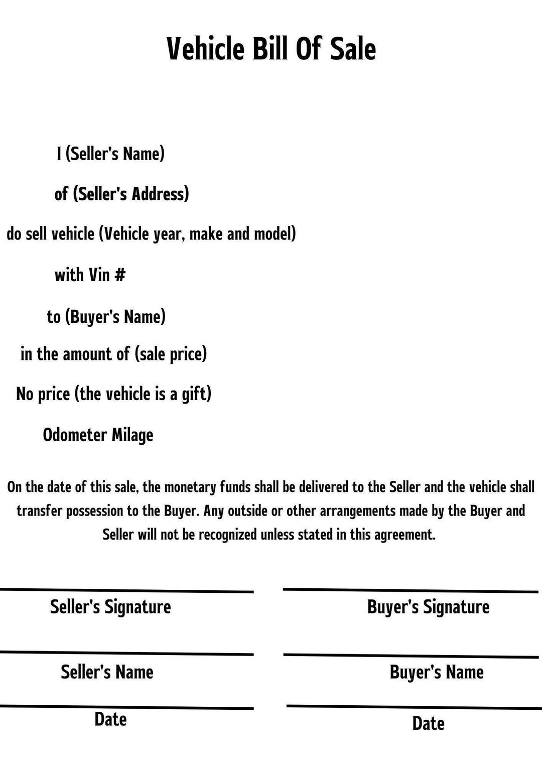 Motor Vehicle Bill of Sale Invoice Form Vehicle Bill of Sale Etsy