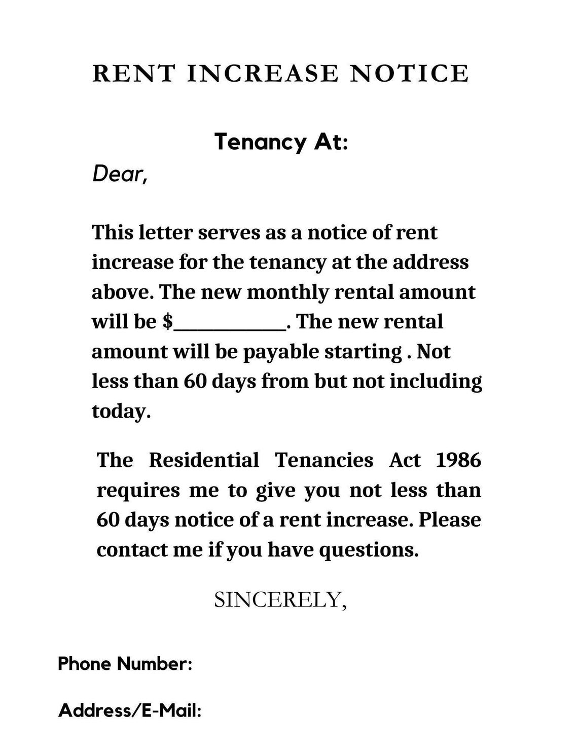 Editable Rental Increase Notice Form Rental Increase Form Rent Increase