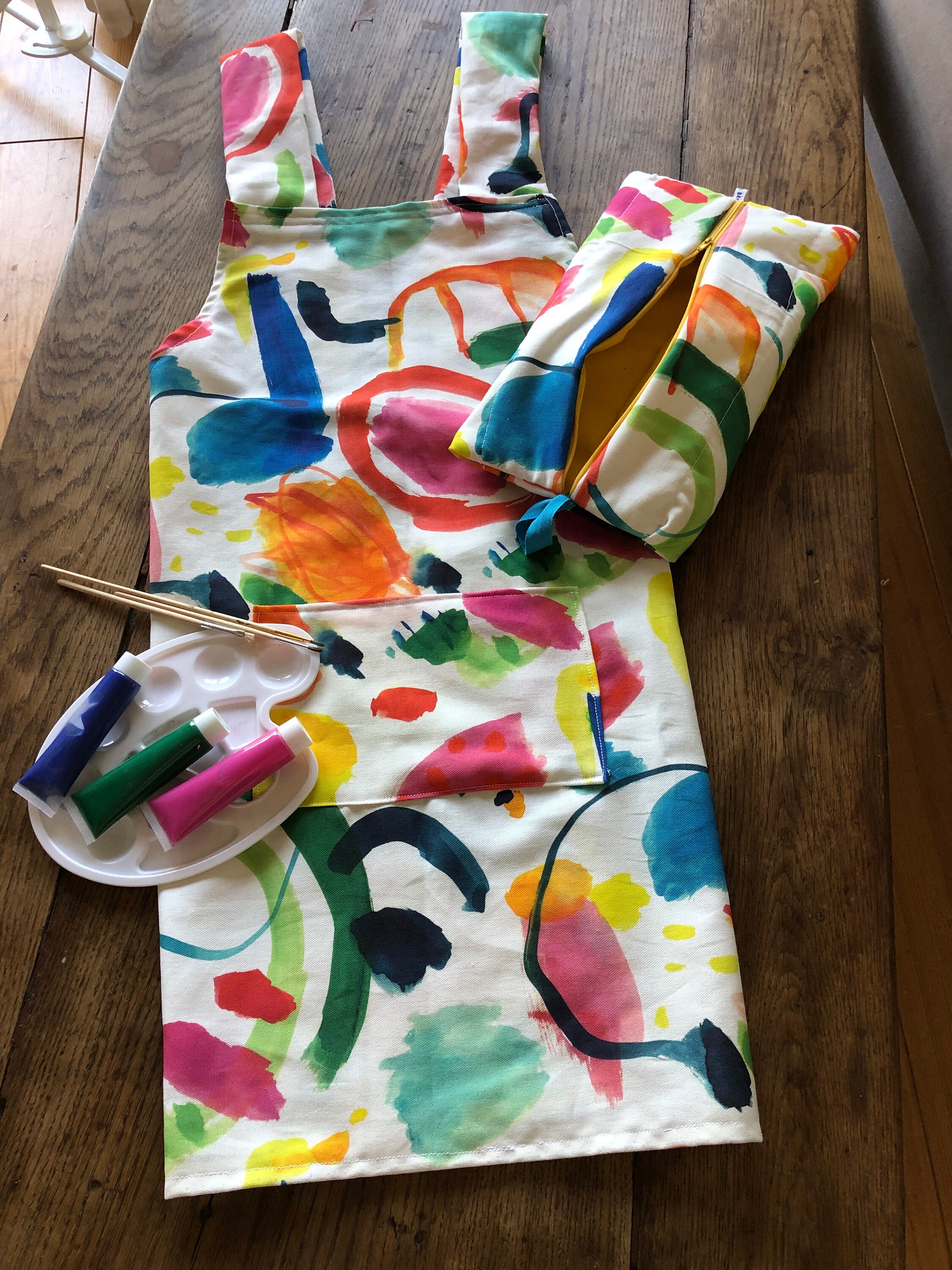 Grembiule Per Bambini In Stile Giapponese Con Spalline Incrociate - 2 Tasche - Cotone Misto Lino - Per Dipingere, Cucinare, Attività Creative - 60x122 Cm