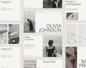 May include: A portfolio website mockup with the name Olivia Johnson and the text "Hello, I'm Olivia" and "About UGC". The website is designed in a minimalist style with black and white images and text.