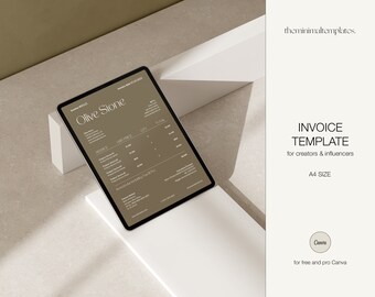 May include: A digital invoice template for creators and influencers. The template is designed in a minimalist style with a brown background and white text. The text "Olive Stone" is displayed at the top of the template. The template is designed for use with Canva.