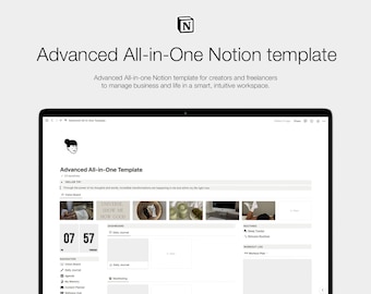 Könnte beinhalten: Ein Screenshot eines Computerbildschirms, der ein Notion-Workspace-Template zeigt. Das Template heißt "Advanced All-in-One Template" und enthält Abschnitte für ein Vision Board, ein tägliches Journal, Routinen und ein Trainingsprotokoll. Das Template ist für Kreative und Freiberufler konzipiert, um ihr Geschäft und ihr Leben in einem intelligenten, intuitiven Arbeitsbereich zu verwalten.