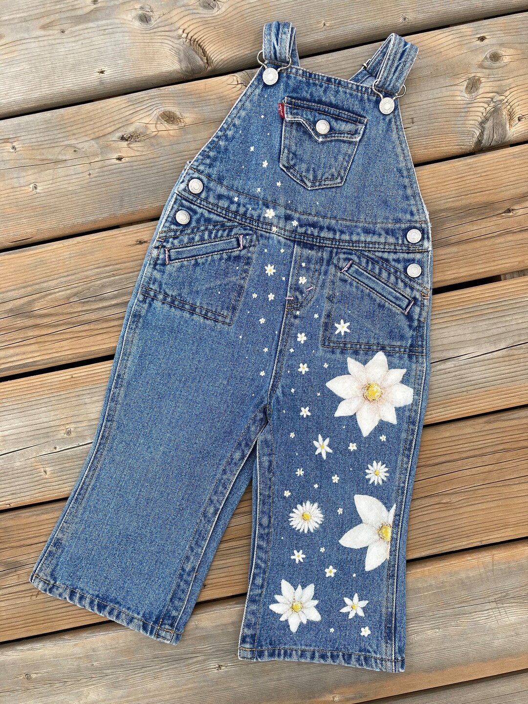 Hand Painted Baby Jean Overalls White Flowers Daisies Design Etsy