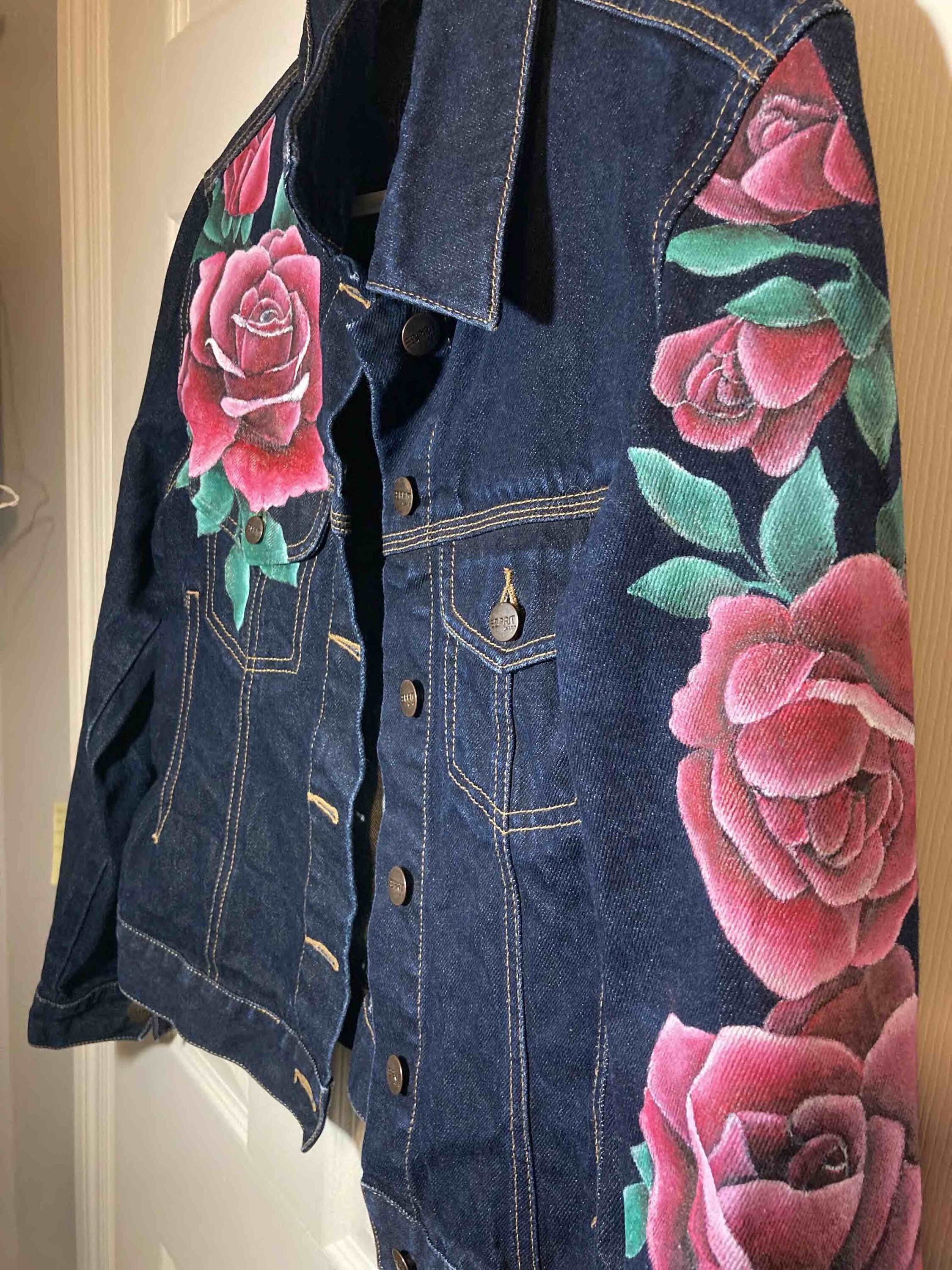 Hand Painted Jean Jacket Red Rose 