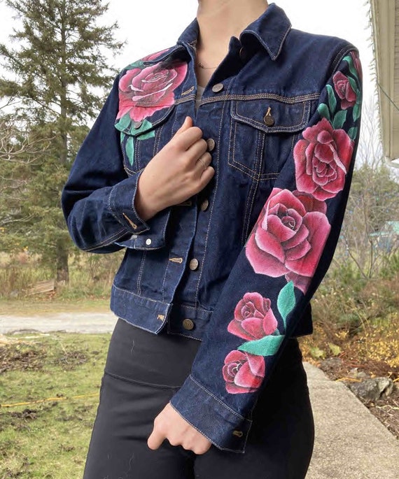 Hand Painted Jean Jacket Red Rose 