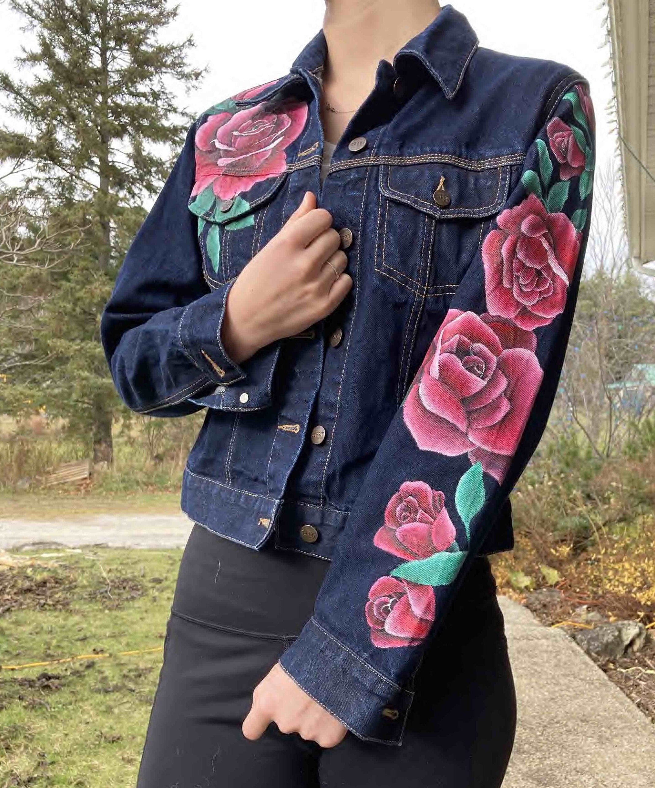 Hand Painted Jean Jacket Red Rose 