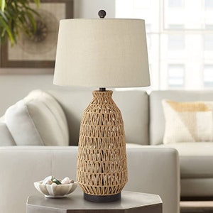 Table Lamp 29" Tall Natural Rattan Wicker Bronze Metal Oatmeal Fabric Drum Shade for Living Room Nightstand Home - 360 Lighting