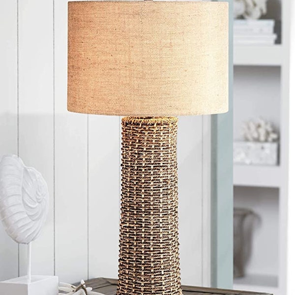 Traditional Coastal Tropical Style Table Lamp 28.5" Tall Woven Seagrass Burlap Fabric Drum Shade Decor - 360 Lighting