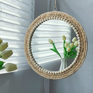 15 Inch Boho Round Hanging Wall Mirror Decorative Rattan Circle Wall Mounted Mirror for Farmhouse, Living Room, Bedroom, Bathroom