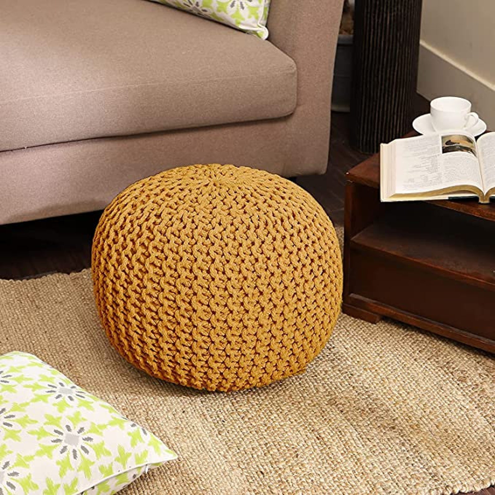 Round Pouf Foot Stool Ottoman Hand Knitted Cord Boho - Etsy