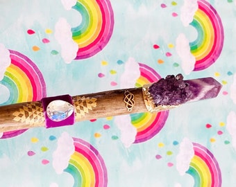 Violet Flame Amethyst Crystal Magic Wand, Crystal Point Magic Wand, Witch Wand, Magician Wand, Wiccan Wand, Ascended Master, Saint Germain