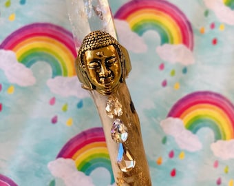 Clear quartz GOLDEN BUDDHA Magic Crystal Wand, The SUN tarot card, Magic Wands for lightworkers, high frequency light encoded magic wand
