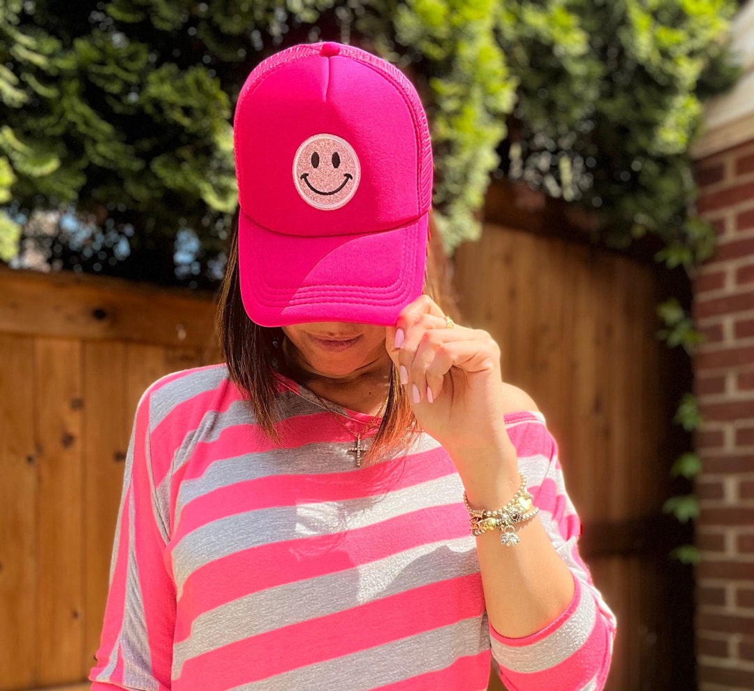 Smiley Face Trucker Hat Glitter Happy Face Hat Spring Break Hat