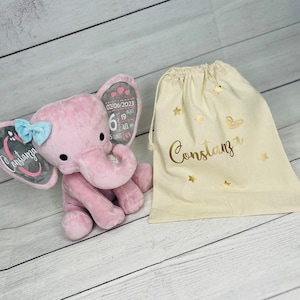 Elephant Stuffed Animal With Personalized Name and Birth Stats, New Baby Welcome Gift, Newborn Gift For Baby Girl, Birth Announcement