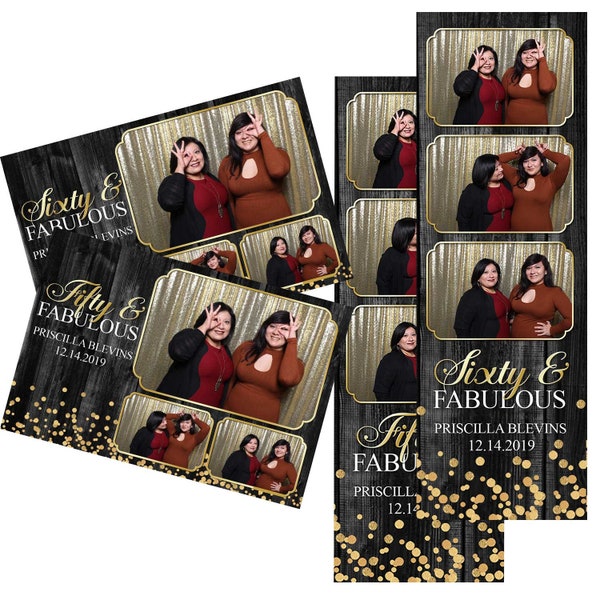 Photo Booth Template 50 60 70 Fabulous Birthday Celebration Dark Wood Golden Dots Both 2x6 Strip and 4x6 Postcard Files Are Included