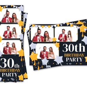 Plantilla para fotomatón para fiestas de cumpleaños de 30, 40, 50 y más años, globos de estrellas, se incluyen archivos de tiras de 2 x 6 y postales de 4 x 6