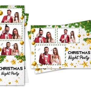 Modelo de cabine de fotos, estrelas de festa de Natal, enfeites, folhas de árvore, tiras de 2x6 e arquivos de cartão postal de 4x6 estão incluídos