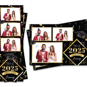Modelo de cabine de fotos com tema Gatsby para festa de formatura dourada. Arquivos de tiras de 2x6 e cartões postais de 4x6 estão incluídos.