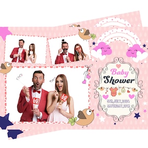 Modelo de cabine fotográfica para chá de bebê, desenhos animados, roupas de pássaros, nuvens, estrelas, tira 2x6 e arquivos de cartão postal 4x6 estão incluídos