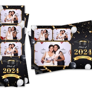 Fotokabinen-Vorlage, Glückwünsche, Abschlussfeier, Hut, Party, Schwarz-Weiß-Luftballons. Sowohl 2x6-Streifen- als auch 4x6-Postkartendateien sind im Lieferumfang enthalten